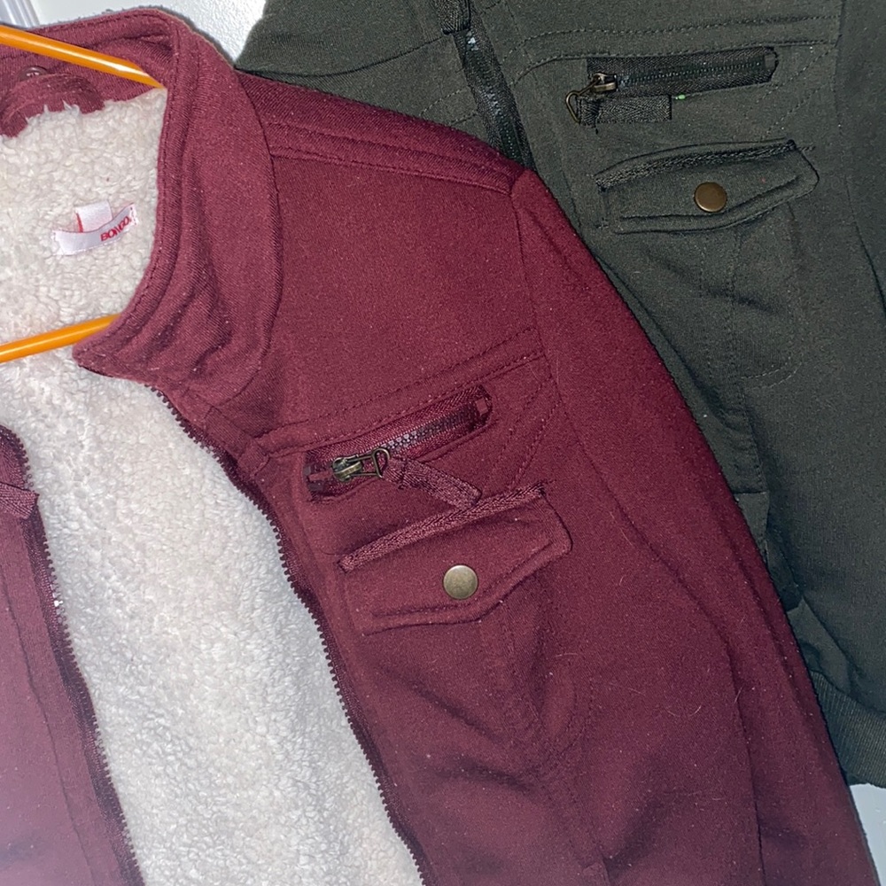 Two bongo jackets, maroon (L) forest green (M).